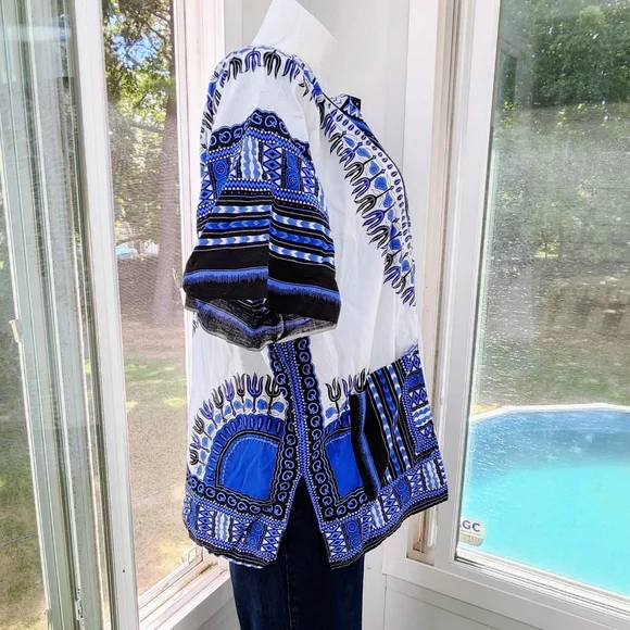 Blue & White Traditional Print Short Sleeve Cotton Dashiki Tunic Shirt Unisex - Picture 6 of 15